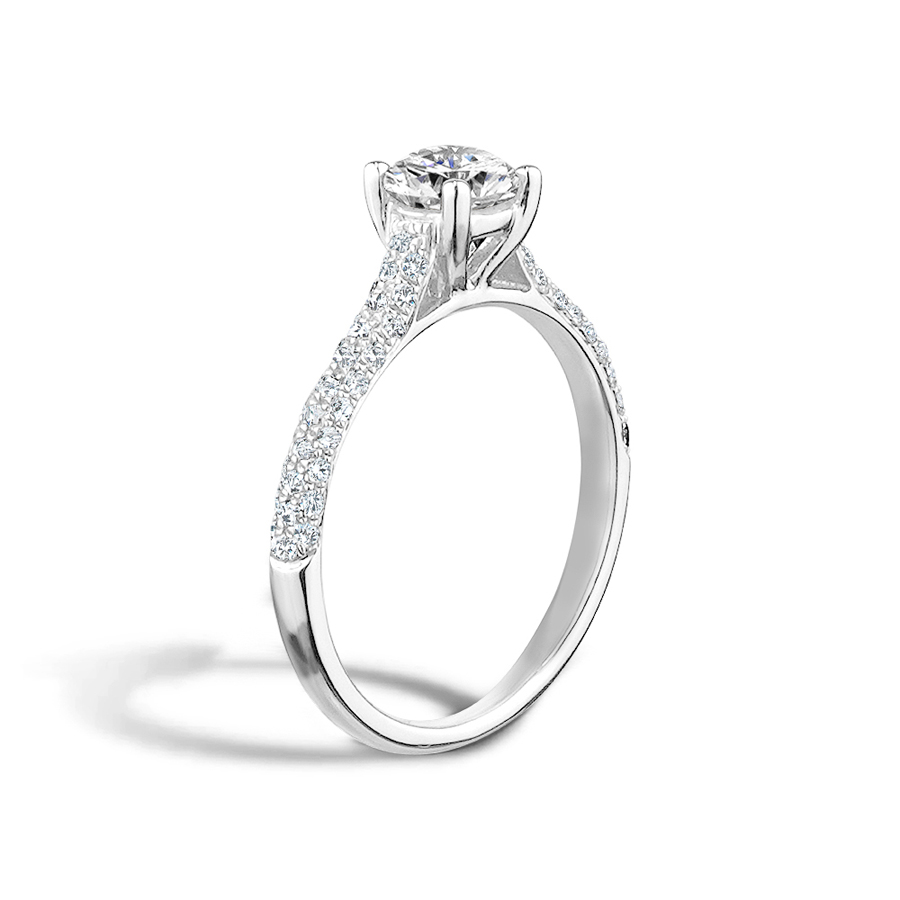 White Gold Round Cut Four Prong Diamond Engagement Ring With Pavé Band