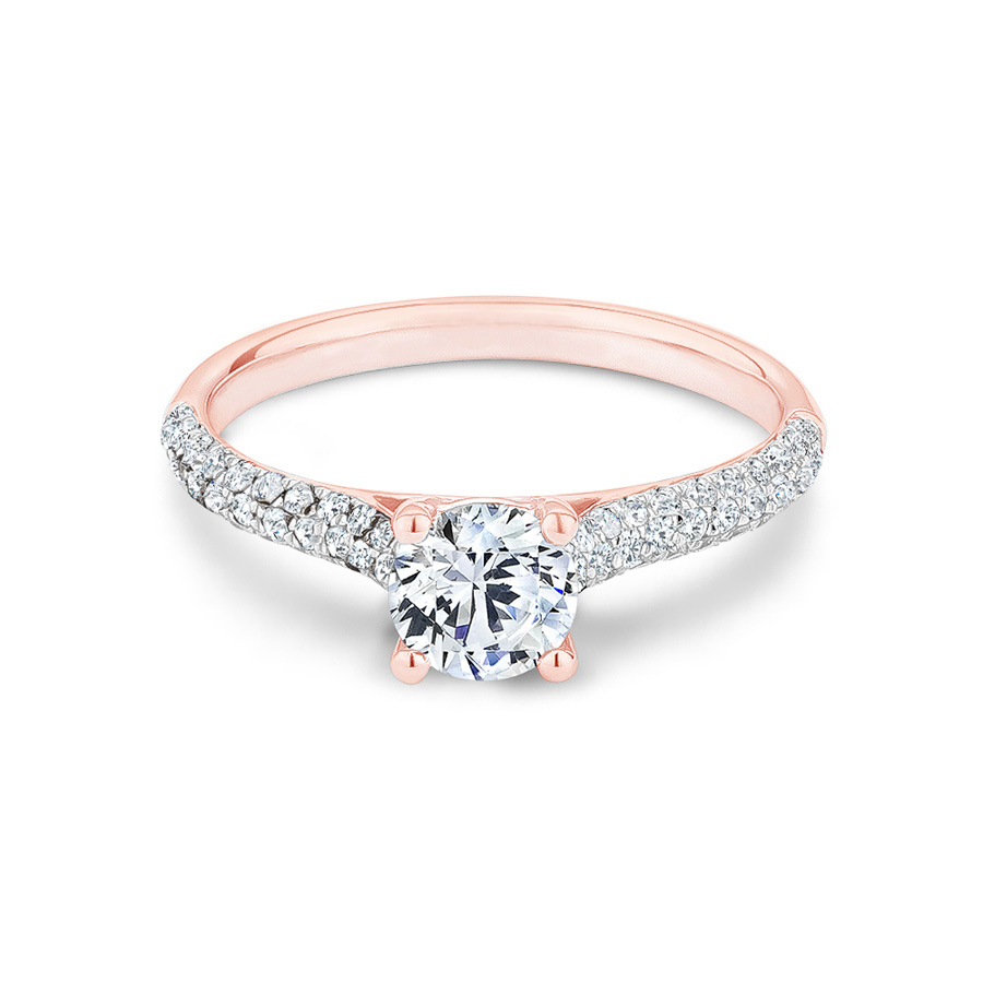 Rose Gold Round Cut Four Prong Diamond Engagement Ring With Pavé Band – Different Angle