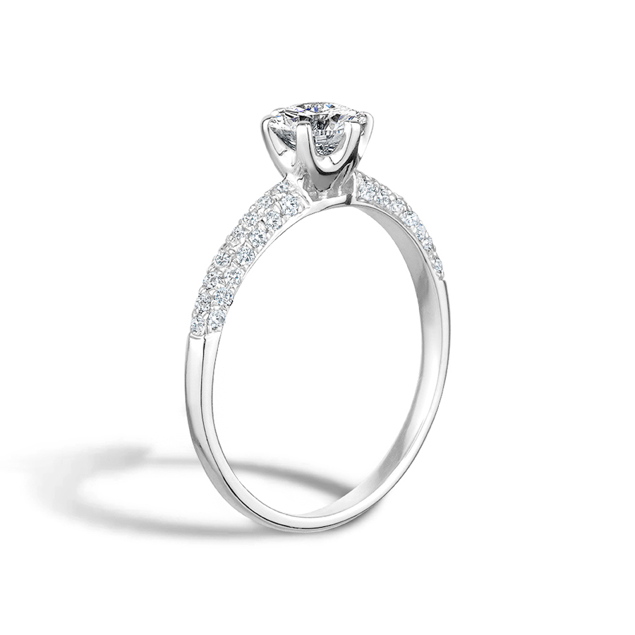 White Gold Round Cut Six Prong Diamond Engagement Ring With Pavé Band